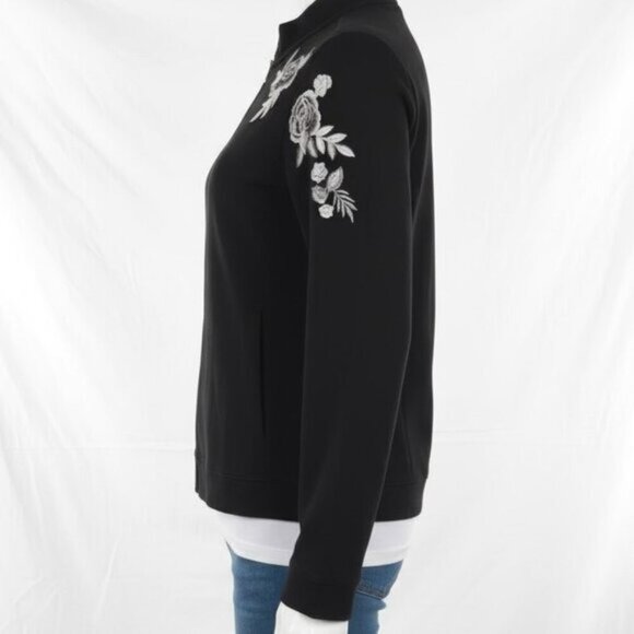 NWOT Chico's Zenergy Black & Silver Floral Embroidered Bomber Jacket 16 - Picture 3 of 11